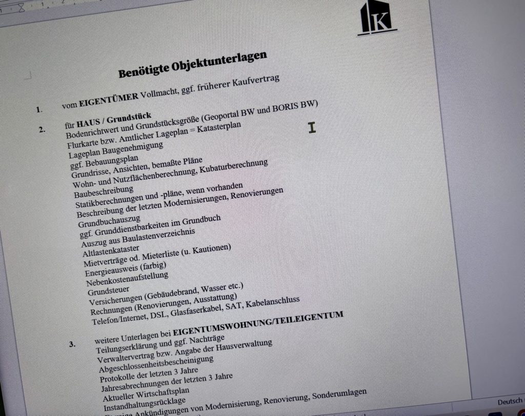 Checkliste benötige Objektunterlagen bei Immobilienverkauf