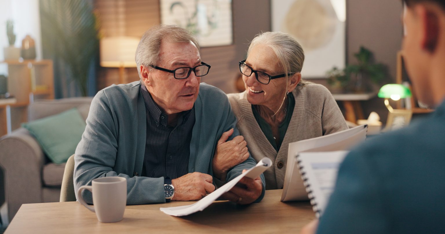 Senior couple, documents and financial advisor with retirement plan for asset management at house. Elderly man, woman and paperwork with accountant for pension fund or application at old age home